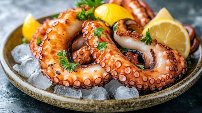 Gegrillter Oktopus auf Eis mit Zitrone und Kräutern