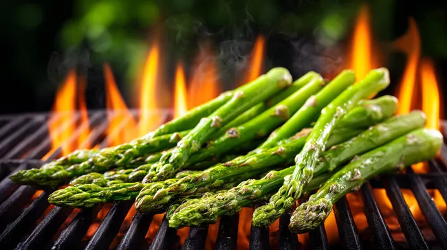 Gegrillter Spargel mit knisternden Flammen