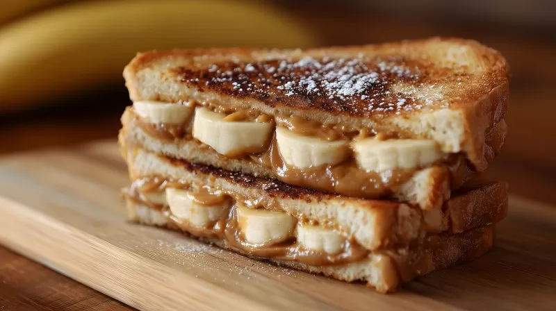 Gegrilltes Erdnussbutter Bananen Sandwich auf Holzbrett