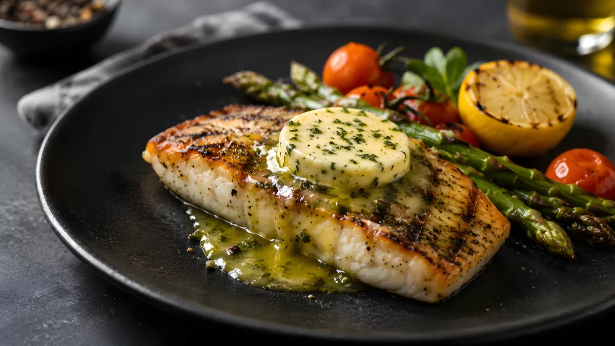 Gegrilltes Fischfilet mit Kräuterbutter und Gemüse