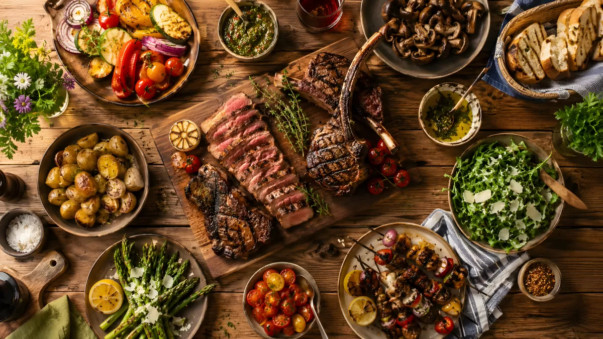 Gegrilltes Fleisch mit Beilagen auf rustikalem Holztisch
