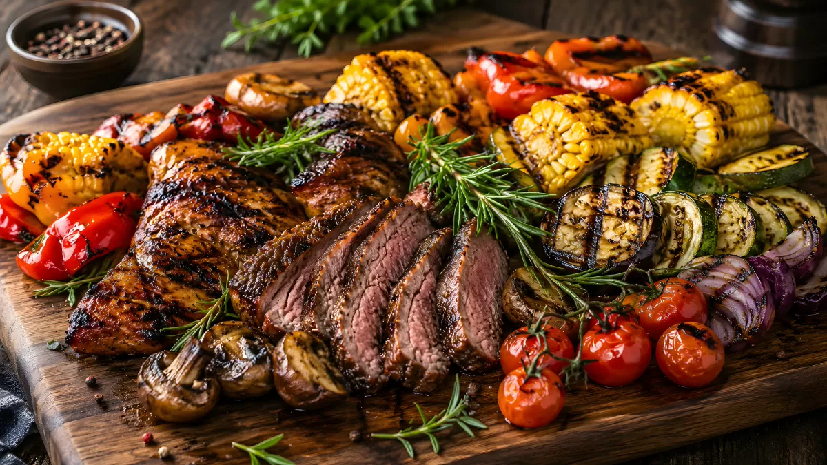 Gegrilltes Fleisch und Gemüse auf Holzbrett