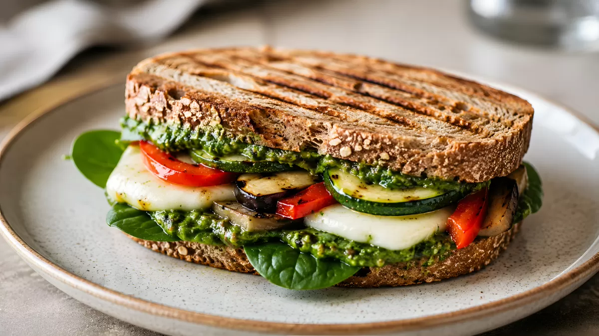 Gegrilltes Gemüse-Panini mit Pesto und Mozzarella
