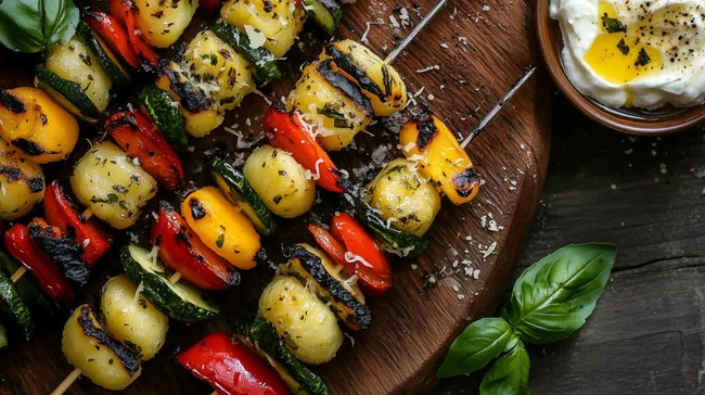 Gegrilltes Gemüse und Kartoffeln auf rustikaler Holzplatte