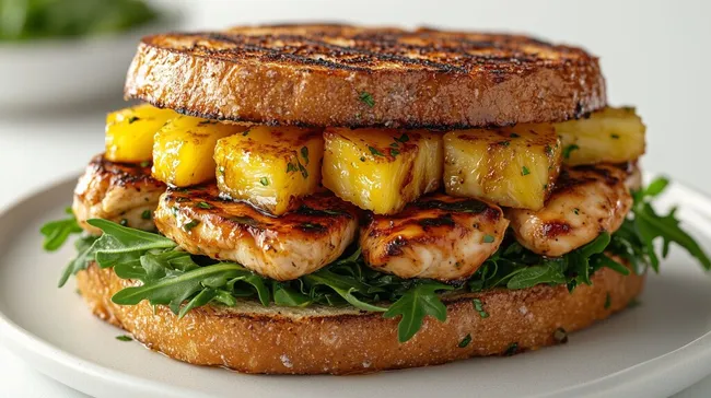 Gegrilltes Hähnchen-Ananas-Sandwich auf Toastbrot