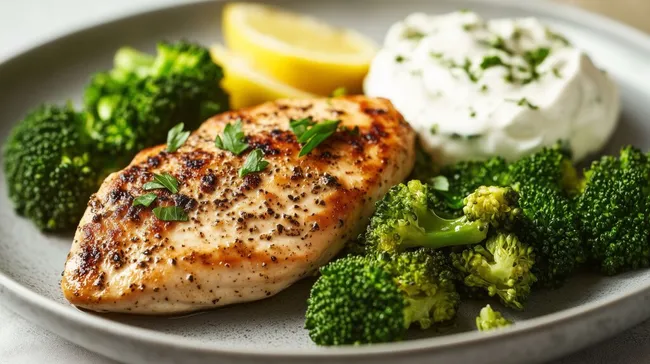 Gegrilltes Hähnchen mit Brokkoli und Zitronenjoghurt