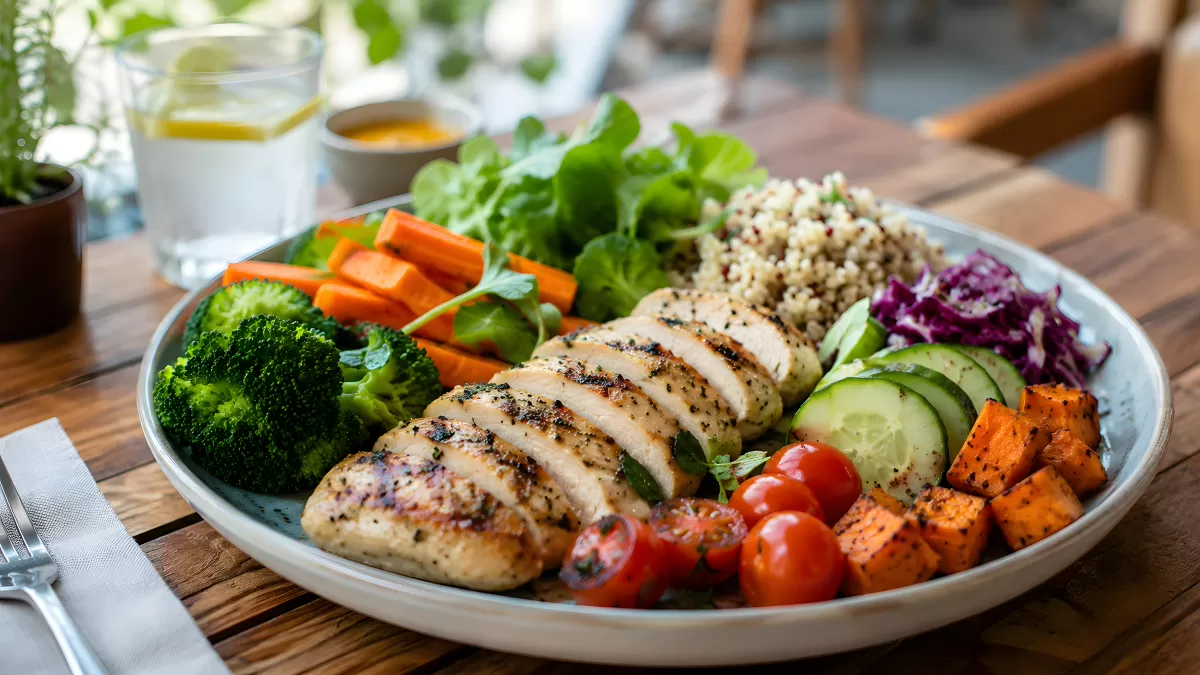 Gegrilltes Hähnchen mit buntem Gemüse und Quinoa