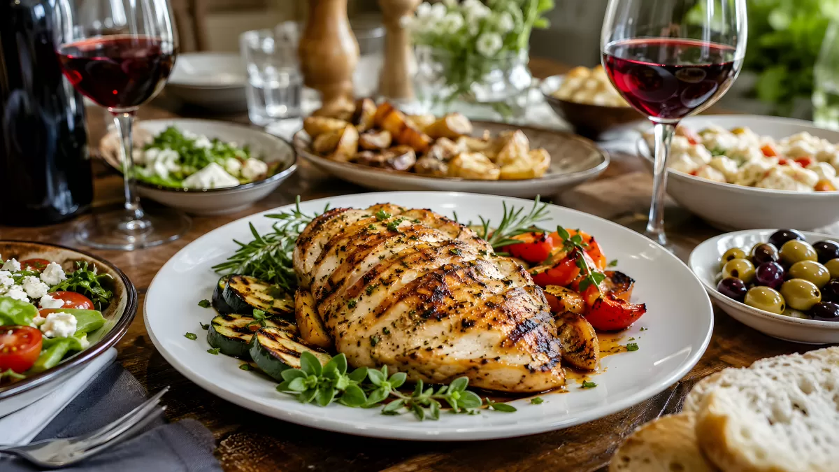 Gegrilltes Hähnchen mit Gemüse und Rotwein