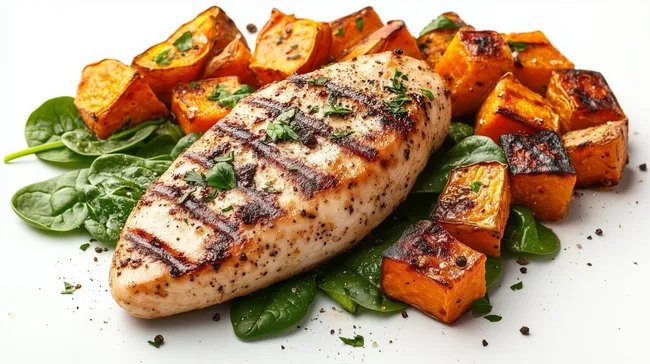 Gegrilltes Hähnchenbrustfilet mit Süßkartoffelwürfeln