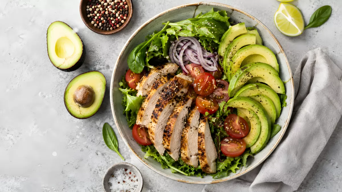 Gegrilltes Hähnchenfilet auf Avocado-Tomaten-Salat