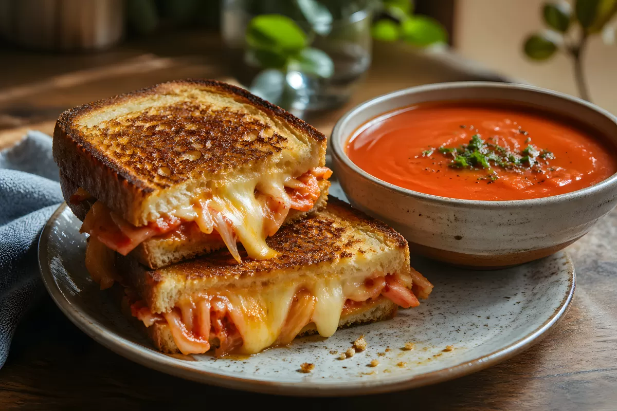 Gegrilltes Käsesandwich mit Tomatensuppe serviert