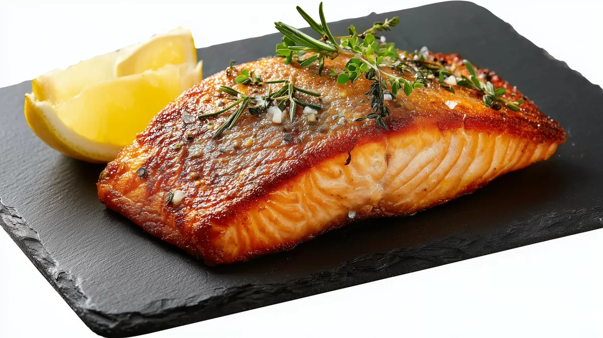 Gegrilltes Lachsfilet auf Schiefer mit Zitrone