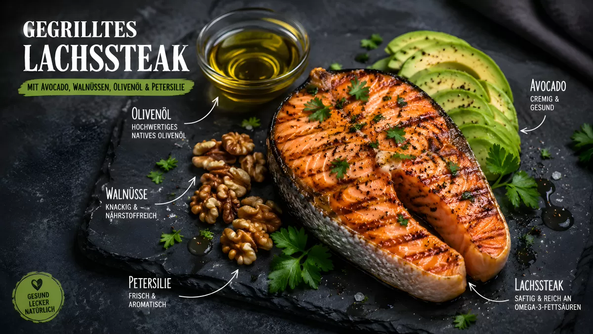 Gegrilltes Lachssteak mit Avocado und Walnüssen