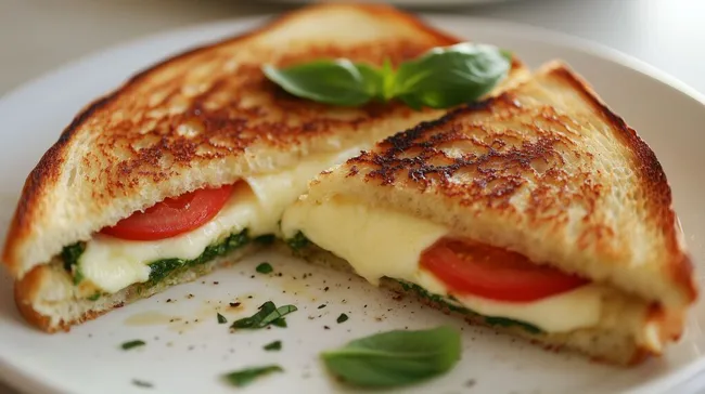 Gegrilltes Mozzarella-Pesto-Sandwich mit Tomaten