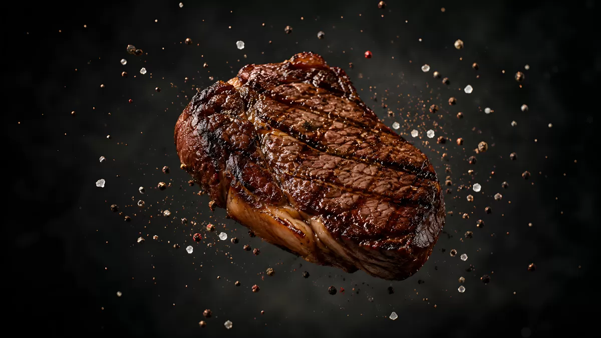 Gegrilltes Ribeye-Steak schwebt mit Salz und Pfeffer