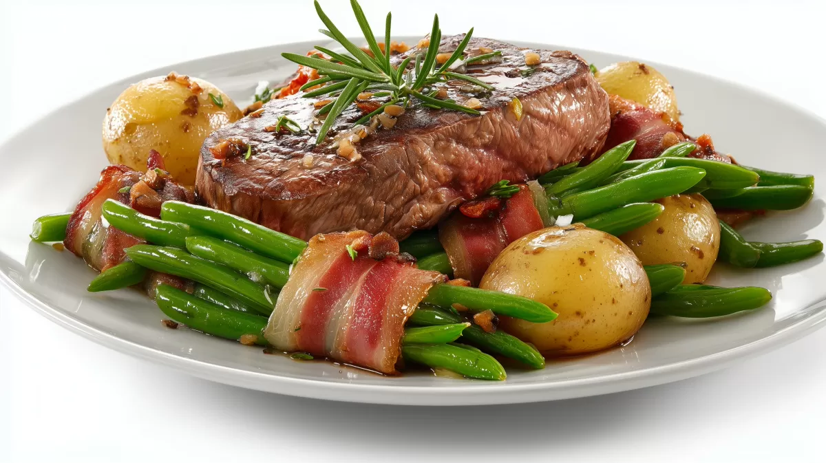 Gegrilltes Rindersteak mit Speckbohnen und Kartoffeln