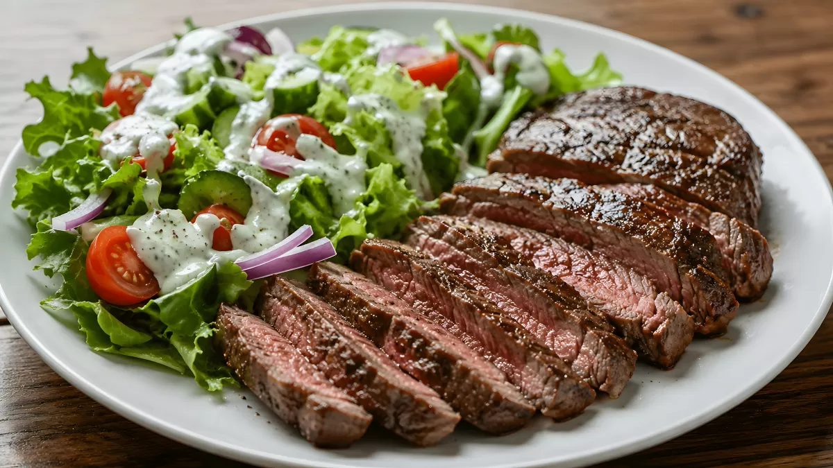 Gegrilltes Steak in Scheiben mit frischem Salat