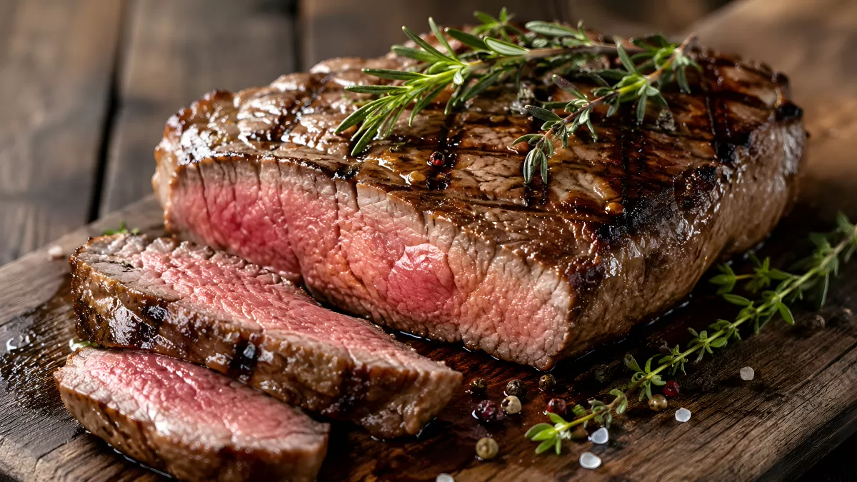 Gegrilltes Steak medium rare auf Holzbrett geschnitten