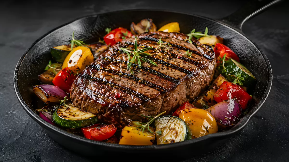 Gegrilltes Steak mit buntem Gemüse in Gusseisenpfanne