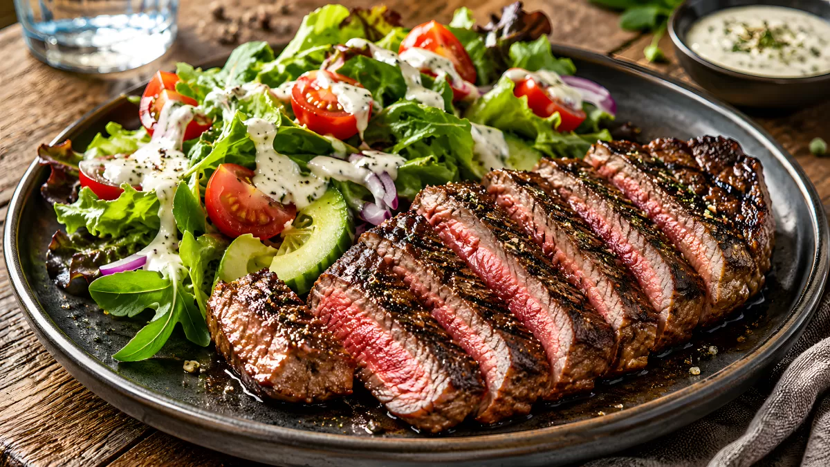 Gegrilltes Steak mit frischem Salat und Dressing