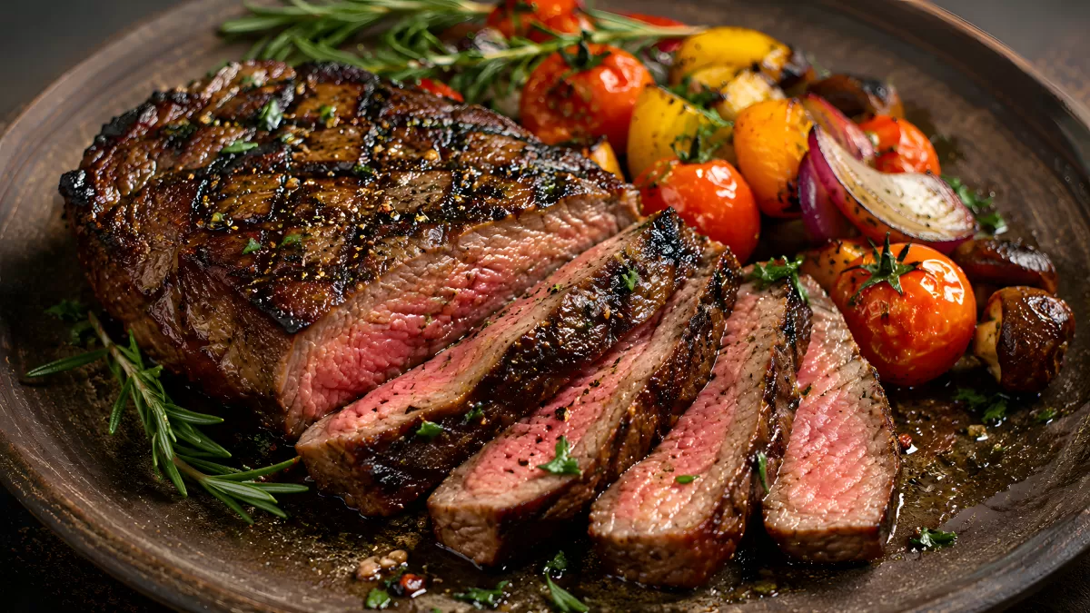 Gegrilltes Steak mit Röstgemüse auf Teller