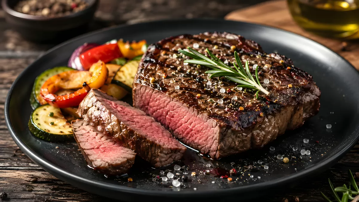 Gegrilltes Steak mit Rosmarinzweig und Gemüse