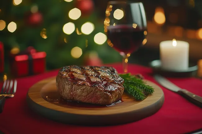 Gegrilltes Steak mit Weihnachtsbeleuchtung