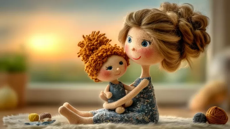 Gehäkelte Mutter mit Kind im Sonnenlicht