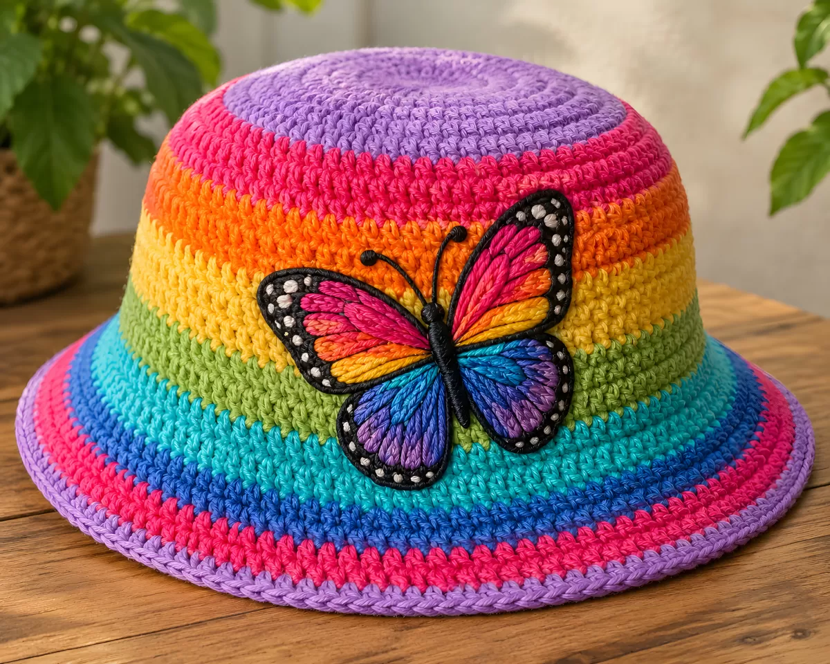 Gehäkelter Bucket-Hat Regenbogen mit Schmetterling
