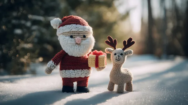 Gehäkelter Weihnachtsmann mit Rentier im Winterwald