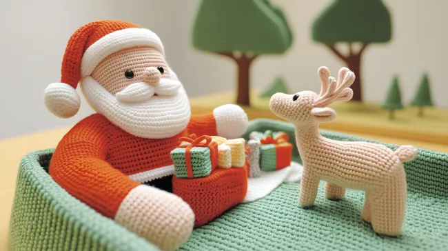 Gehäkelter Weihnachtsmann mit Rentier und Geschenken