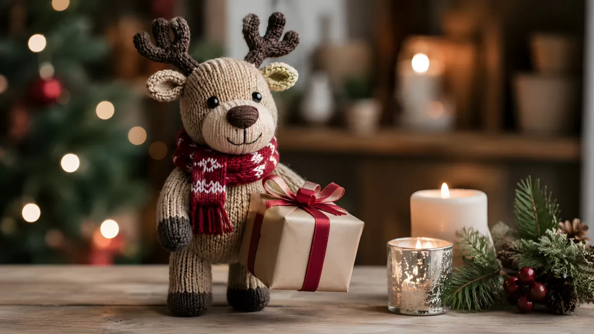 Gehäkeltes Rentier mit Kerzen und Weihnachtsgeschenk