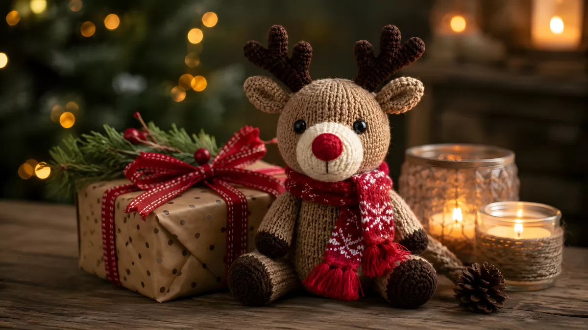 Gehäkeltes Rentier mit Kerzen und Weihnachtspaket