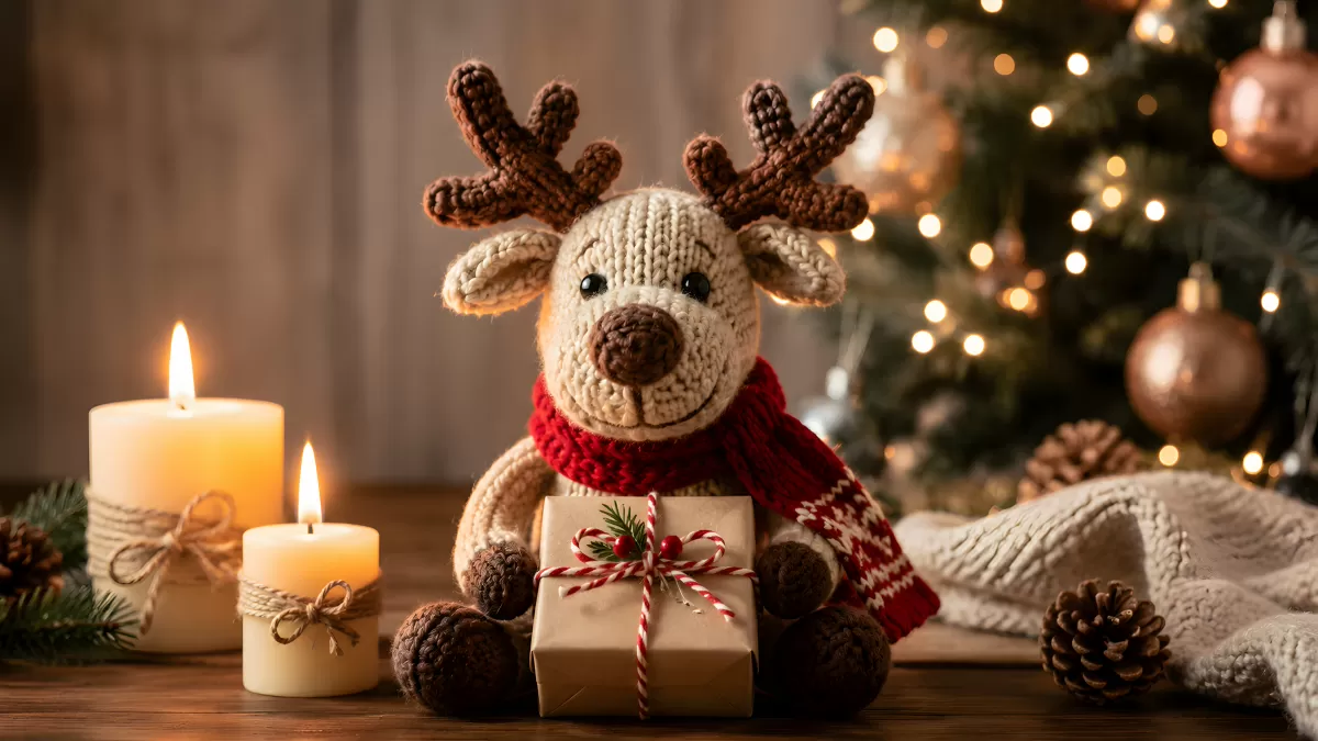Gehäkeltes Rentier mit Weihnachtsgeschenk und Kerzen