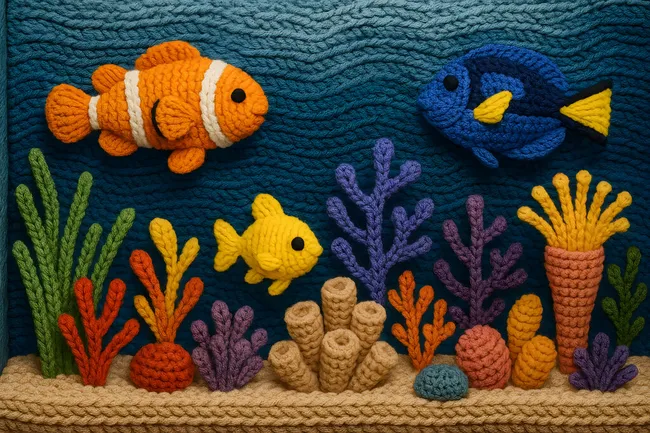 Gehäkeltes Unterwasser-Aquarium mit Korallenriffen und Clownfischen