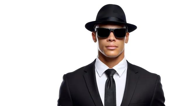 Geheimagent in elegantem Anzug mit Hut und Sonnenbrille