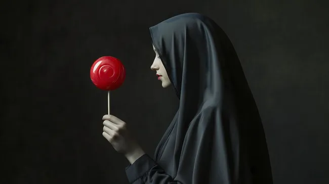 Geheimnisvolle Frau mit rotem Lolli vor dunklem Hintergrund