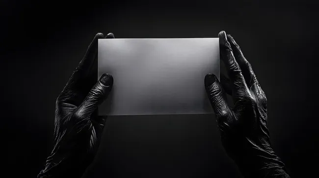 Geheimnisvolle Hände halten leere Karte in Dunkelheit