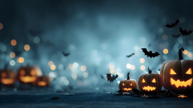 Geheimnisvolle Halloween-Atmosphäre mit leuchtenden Kürbissen