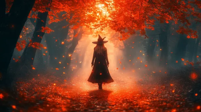 Geheimnisvolle Hexe im Herbstwald
