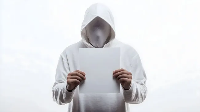 Geheimnisvolle Person im weißen Hoodie mit leerem Schild