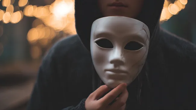 Geheimnisvolle Person mit maskiertem Gesicht in einer dunklen Umgebung