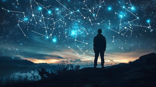 Geheimnisvolle Sternenwelt über Berglandschaft