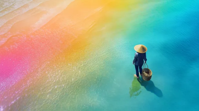 Geheimnisvolle Strandwanderin mit Korb im farbigen Meer