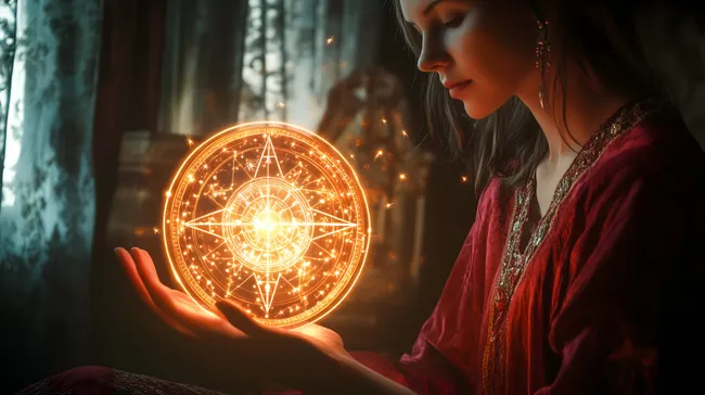 Geheimnisvolle Wahrsagerin mit leuchtender Kristallkugel