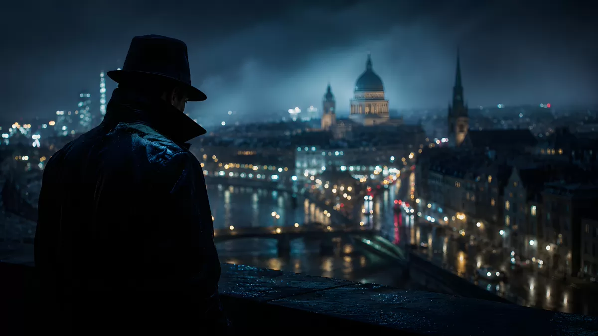 Geheimnisvoller Mann blickt auf nächtliche Stadtsilhouette