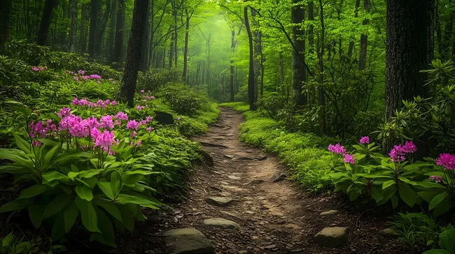 Geheimnisvoller Waldpfad mit blühenden Rhododendren