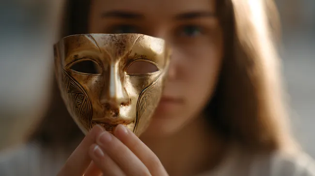 Geheimnisvolles Frauengesicht hinter antiker Goldmaske