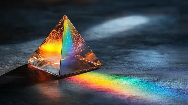 Geheimnisvolles Regenbogenglas-Prisma auf dunklem Hintergrund