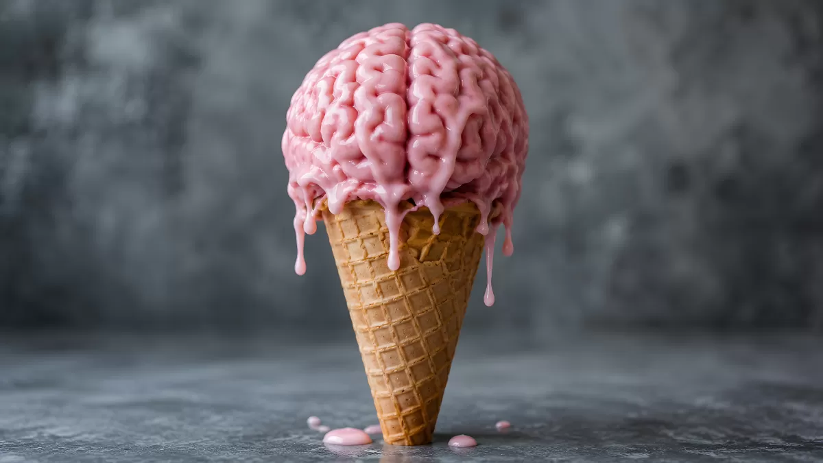Gehirn als Eiskugel auf Waffeleis schmilzt